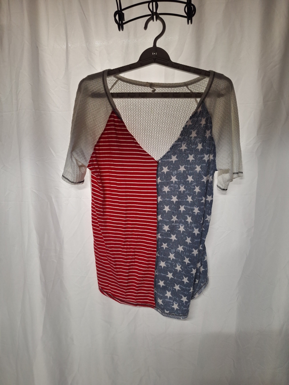 BiBi Red & Blue Star-Stripe Patchwork Mesh-Sleeve Top